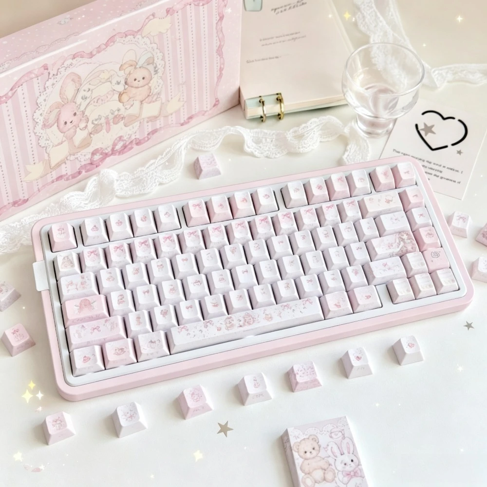 Rabbit Bear Sweet Velvet Theme Keycaps Set PBT Customized Cherry Profile Side Engraved Translucent Sublimation Accessories Gift