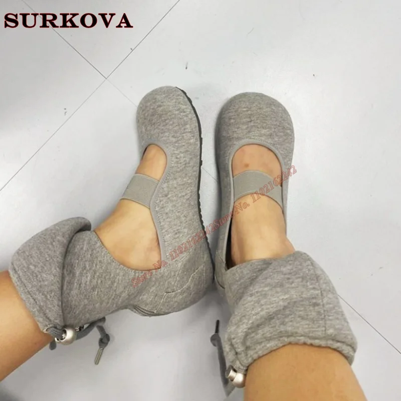 Gray Hooded Sweatshirt Flat Ballet Shoes 2024 Autumn Round Toe Side Zipper Drawstring Mary Jane Pumps Elegant Party Dance Pumps