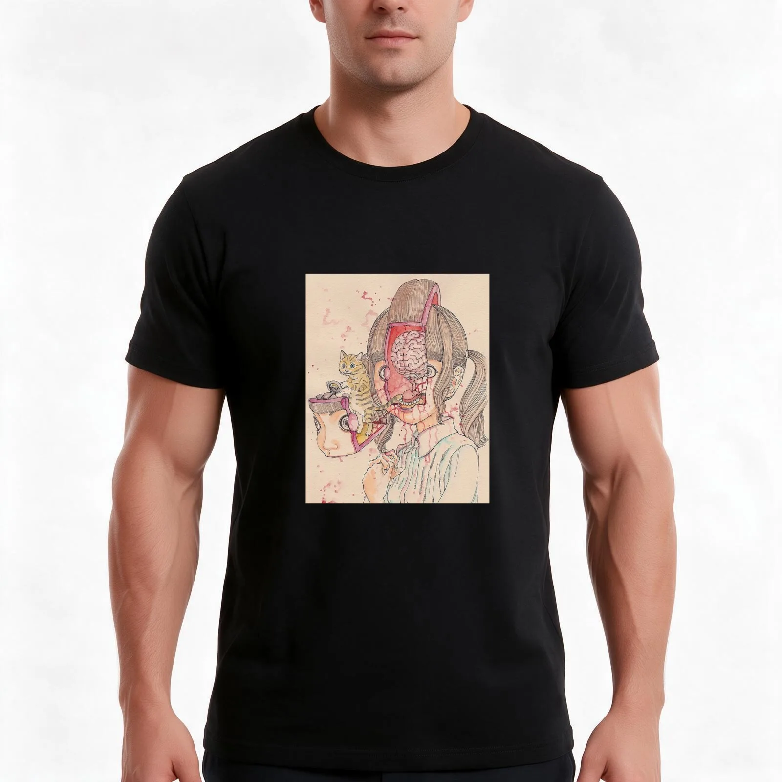 Japanese Student and Cat - Shintaro Kago - japanese horror aesthetic T-Shirt, Summer Casual Cotton Tee, Vintage Graphic Print