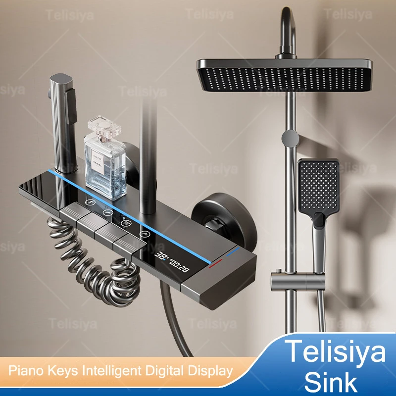 

Gunmetal Gray Bathroom Shower System Set Smart Piano Keys Multiple spouts Home Hotel Bathtubs Shower Set