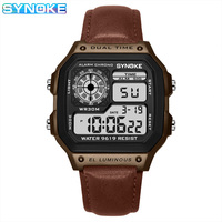 SYNOKE Multifunctional Waterproof  Luminous LED Digital Watch PU Leather For Men Retro Fashion Belt Watch Men Outdoor Sports