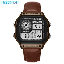 SYNOKE Multifunctional Waterproof  Luminous LED Digital Watch PU Leather For Men Retro Fashion Belt Watch Men Outdoor Sports