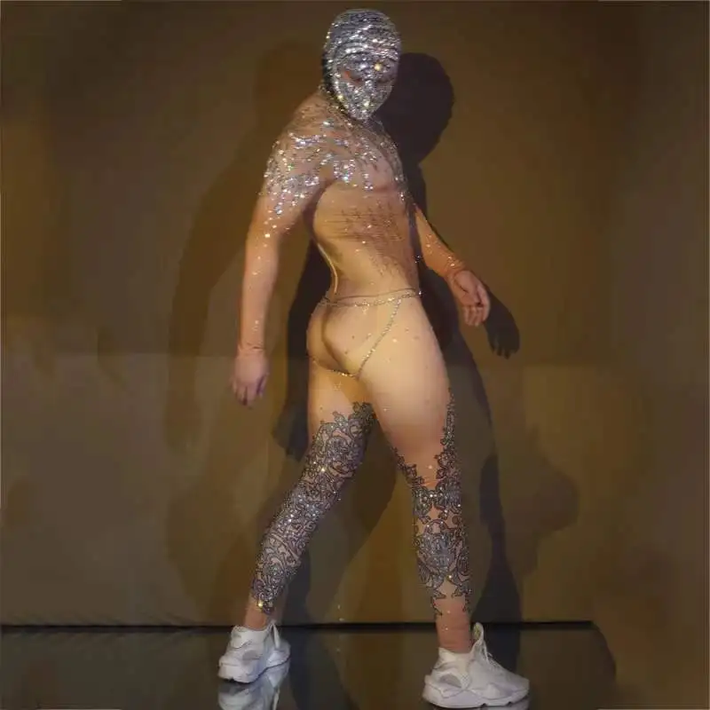 Sexy Rhinestones Rompers Muscle Man Nude Print Jumpsuit Stones Headwear Male Gogo Dancer Costume Festival Outfit Clubwear