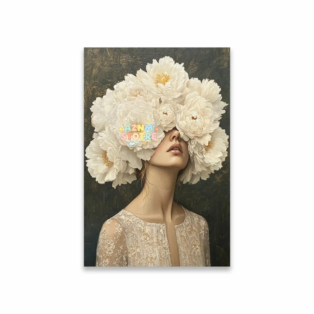 Flower on Head Prints Canvas Painting Wall Art Poster Home Bedroom Decoration Modern Woman Portrait Golden