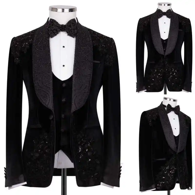 Luxury Men Suit 3 Pieces Beaded Crystal Single Breasted Groom Wedding Tuxedos Formal Party Male Blazers Business Customized