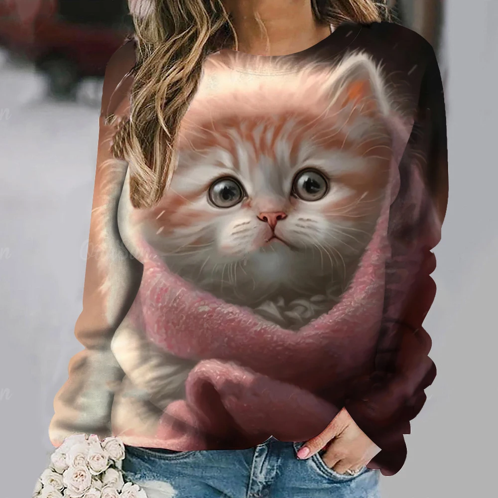 Fashion Cute Cat Sweatshirts Animal 3D Print Hoodies Women Casual Long Sleeve Y2k Hoodie Oversized Pullover Tops Female Clothing