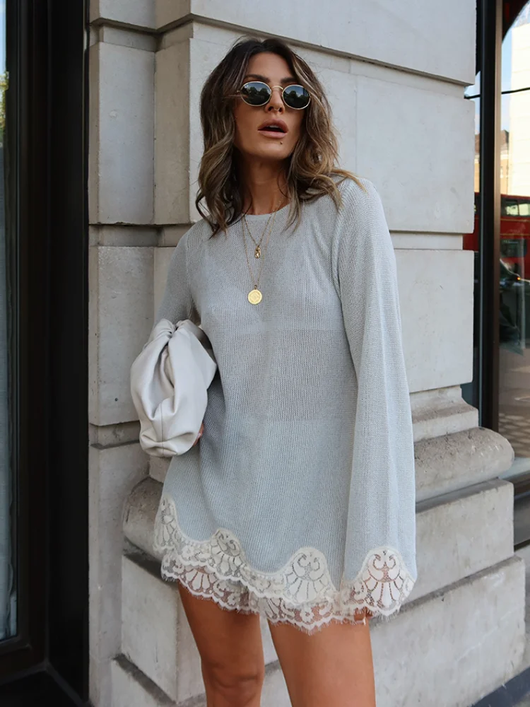 Casual Chic Women Lace 2pc Set Loose Blouse Shorts Daily Female Suit Stylish Trendy Vintage Summer Fall Street Wear