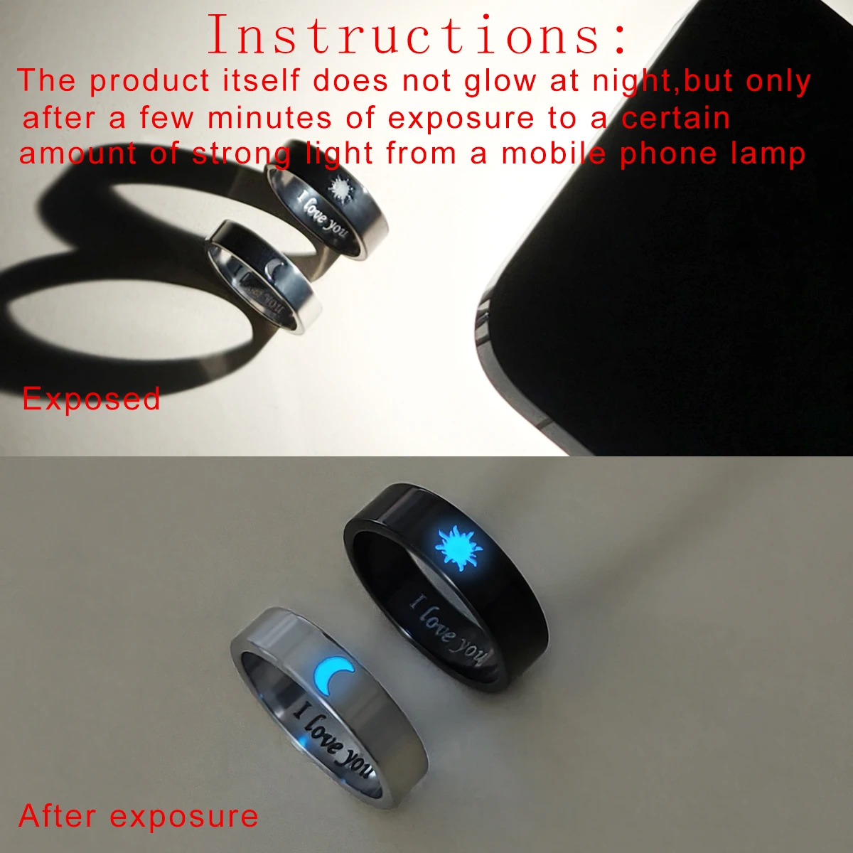 2-Piece Set Luminescent Day Moon Couple Rings Fashionable Ladies Valentine's Day Gift Love Commitment Ring