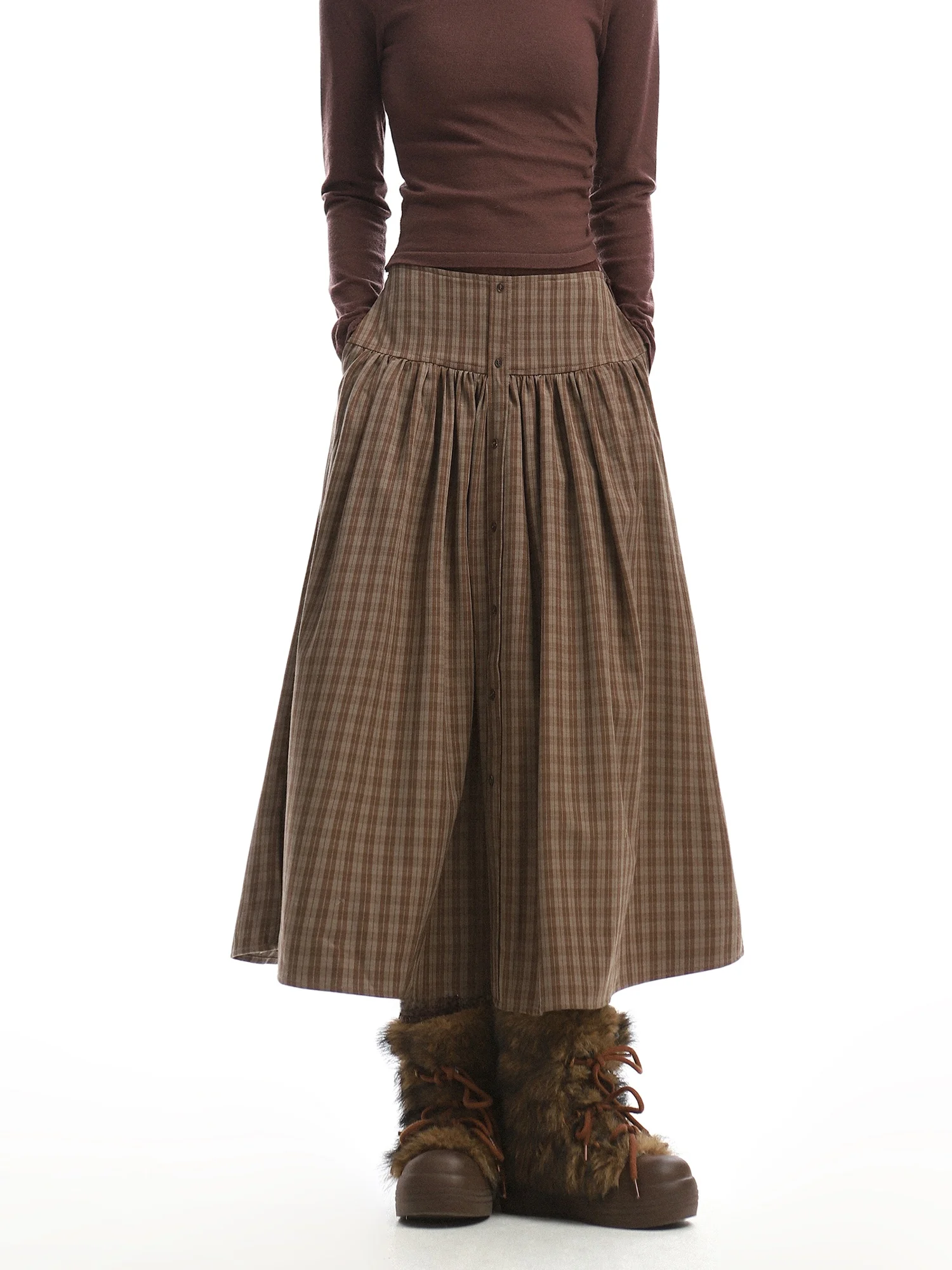 

Юбка-миди Biggo Simple Plaid Splicing с высокой талией, женская, осенняя, в корейском стиле, с цветовыми блоками, стройнящая, А-силуэт, фасон «зонтик»