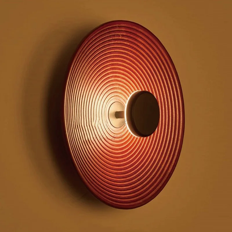 Solid Wood Bedside Wall Lamp Retro Round Wavy Pattern Aisle Corridor Wall Lamp LED Background Wall Decorative Wall Lamp