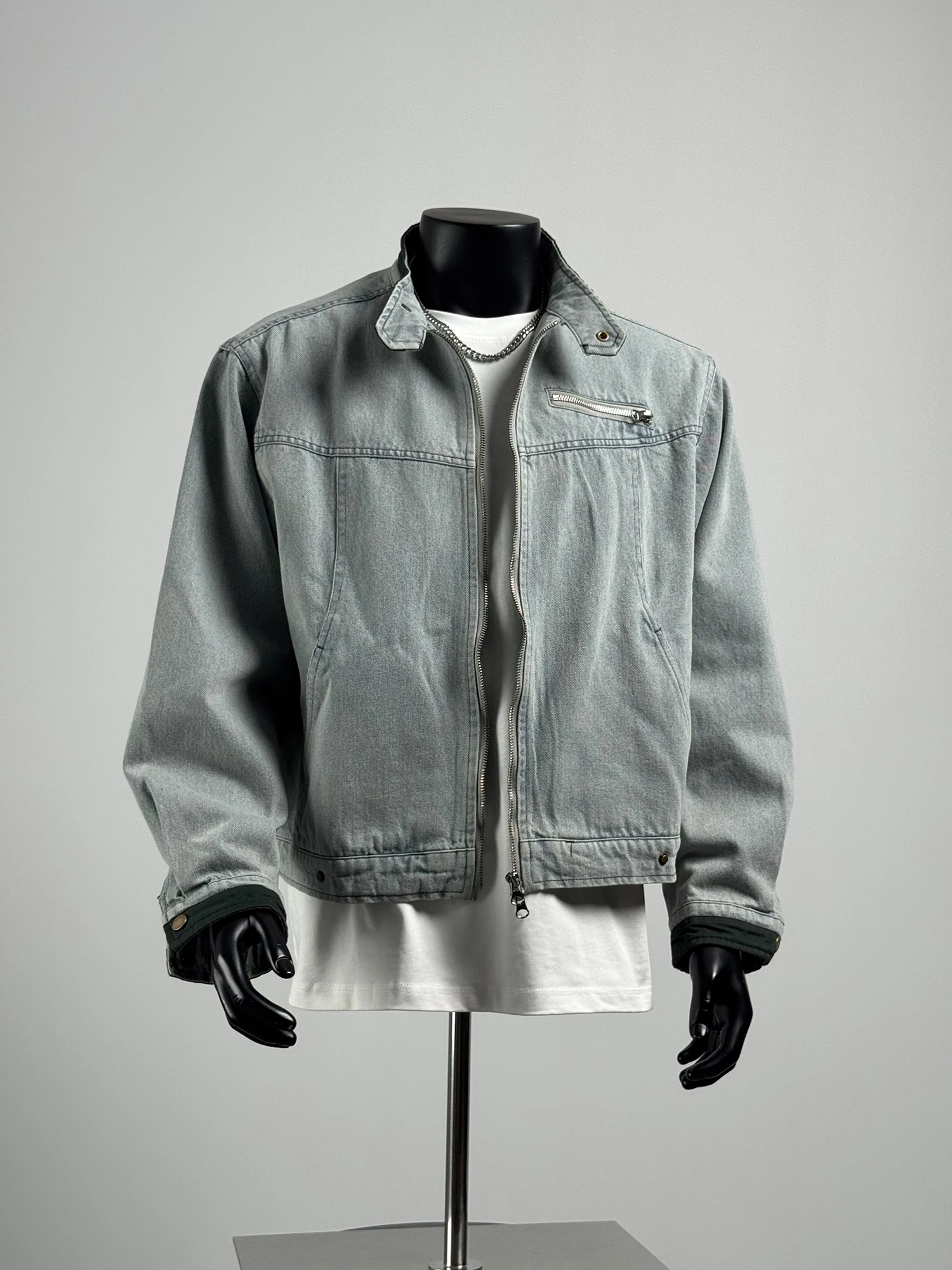 الأمريكية Sle ort اللون بلو الدنيم Jaet الرجال فضفاضة تناسب ملابس خارجية غير رسمية الخريف 2025 الشباب مزيج القطن سستة إغلاق