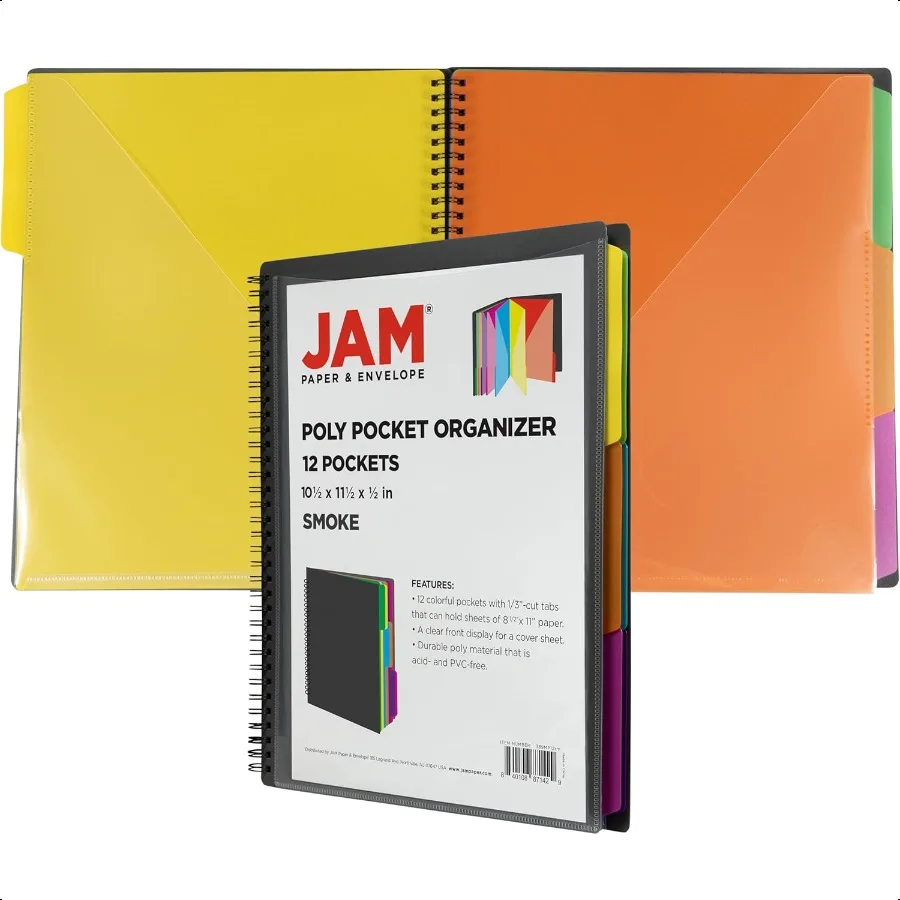 

Plastic Multi Pocket Folder 12 Pocket Organizer with Zipper Pouch Smoke Grey with Colorful Tabs 10 1 2 x 11 1 2 Sold Individual