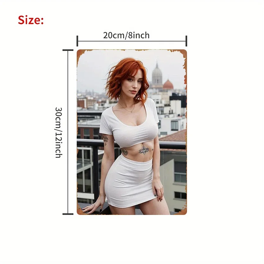 1pc Metal Sign Featuring a Woman with Red Short Hair Against a City Skyline, Suitable for Room Decor, Home, Garage, Bar, Garden