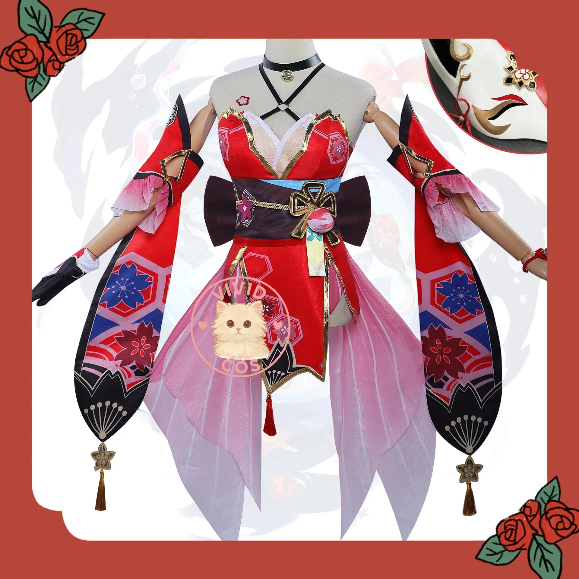 

Honkai: Star Rail Hanabi The Masked Fool Anime-style Games Cosplay Costume Complete Women's Outfit Red Floral Slim-fit Dress