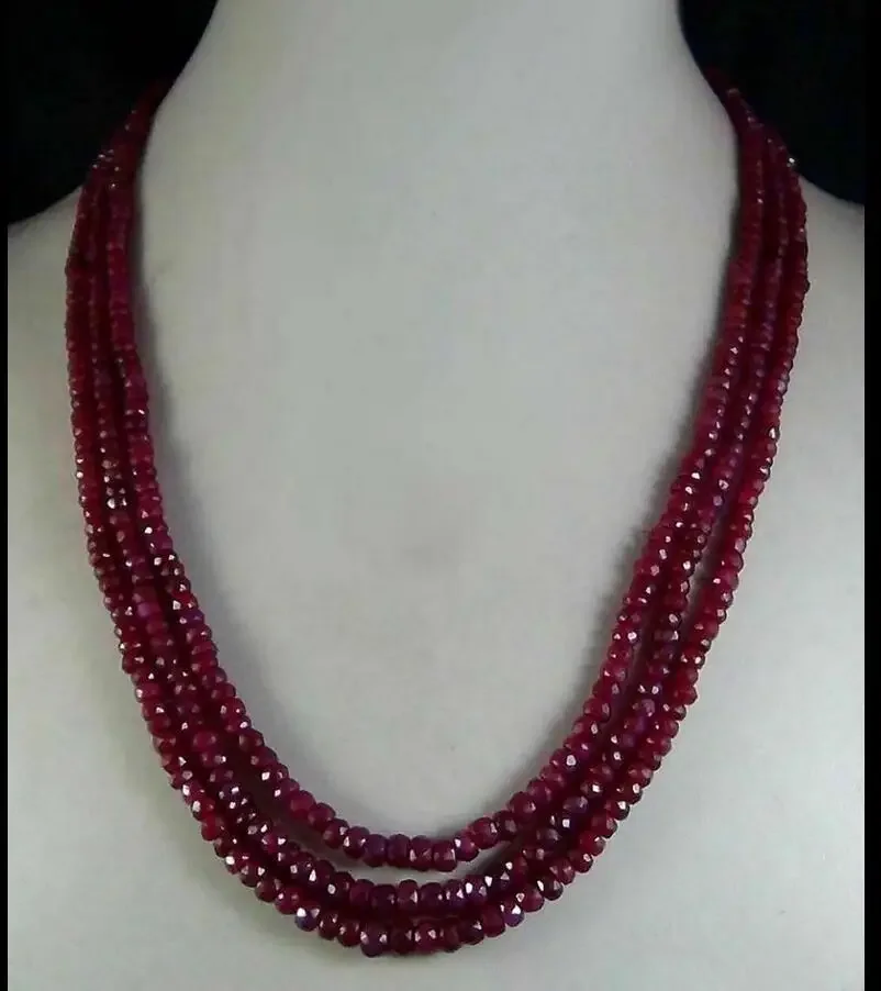 Beautiful 3-row 2X4MM faceted natural black Ruby Beaded Necklace 17-19“