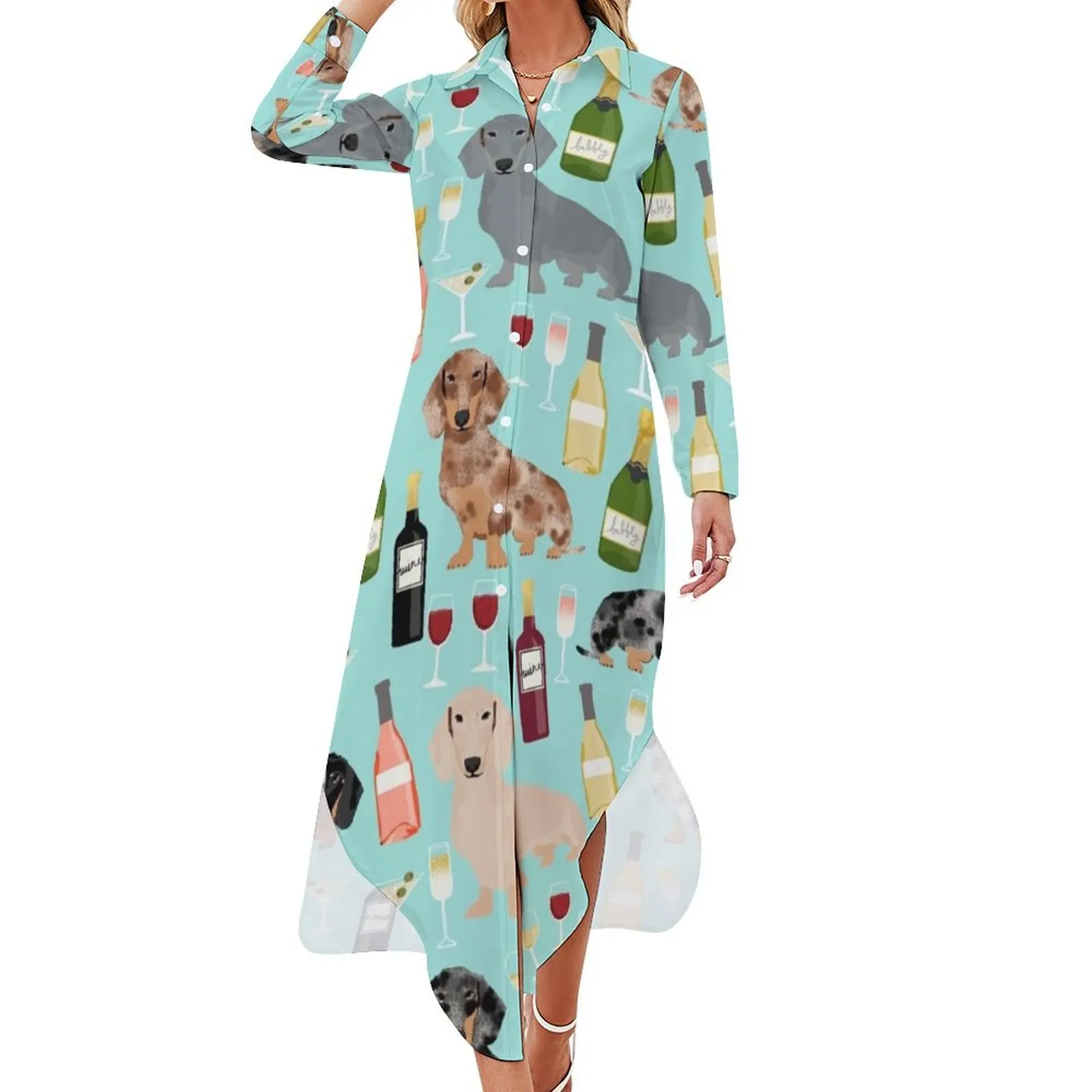 

Dachshund wine cocktails rose doxie dachsie dog breed pattern Long Sleeved Shirt Dress Women's summer suit Dress woman