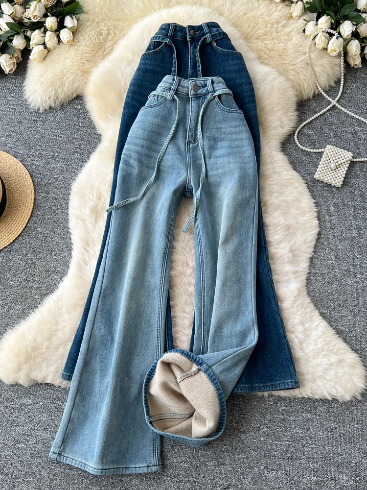 

Женские джинсы с высокой талией на флисовой подкладке, повседневные, с поясом, в винтажном стиле, осенне-зимние, облегающие, расклешенные, длинные брюки