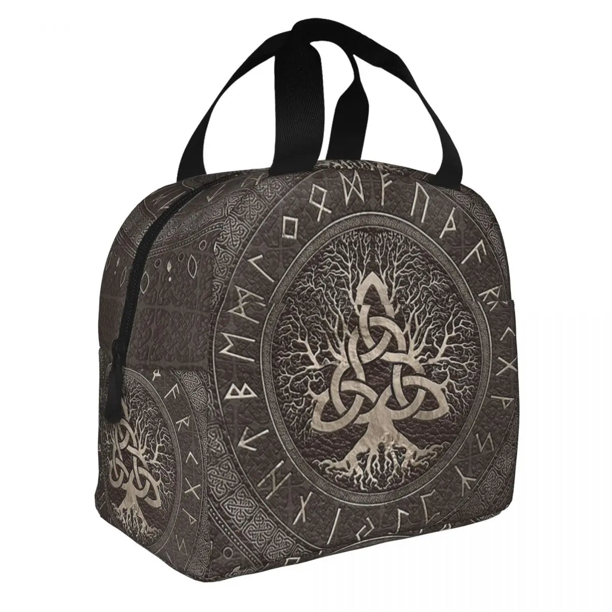 Tree Of Life With Triquetra Brown Leather Viking Lunch Bag Portable Insulated Cooler Vikings Valhalla Thermal Food Picnic Tote