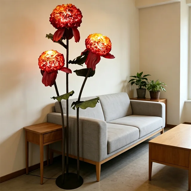 Nordic Professional Opening Big Flower Stand Lamp Organza Glowing Decorative Floral Light Christmas Event Aisle Walkway Hotel