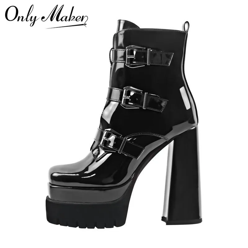 

Onlymaker Black Square Toe Booties Double Platform Strap Buckle Side Zip Patent Leather Fashion Party Dress Ankle Boots