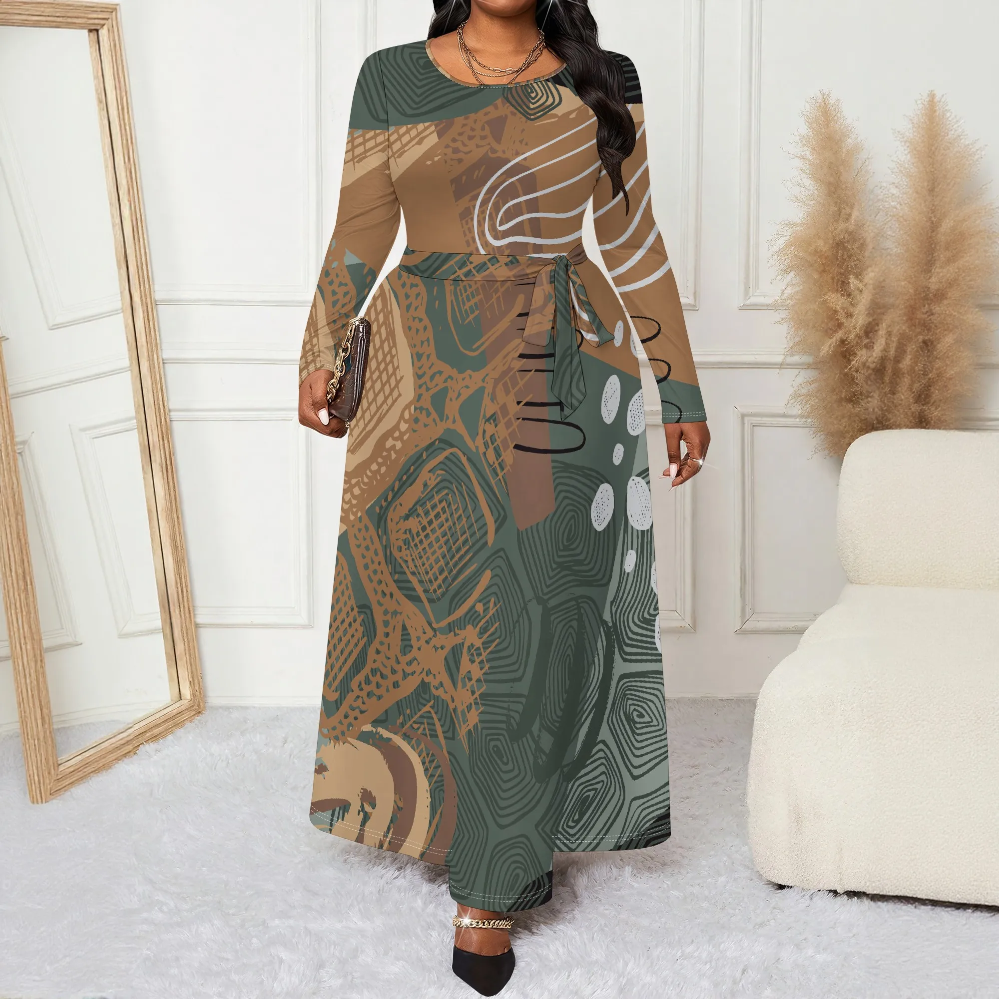 فستان نسائي بحزام بأكمام طويلة مقاس كبير، فستان جيب عصري مطبوع ثلاثي الأبعاد #1