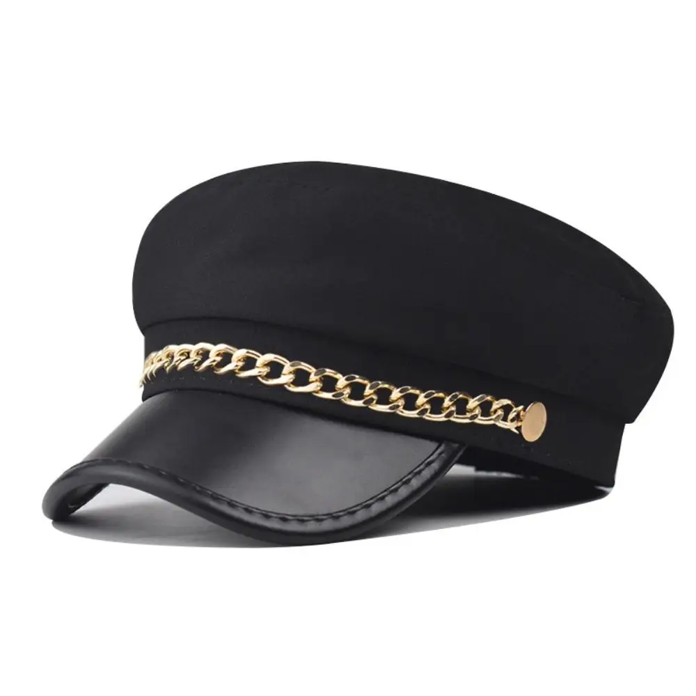Classic Gold Chain Decor Newsboy Cap Short Brim PU Leather Beret Hat Casual All-Match Octagonal Hat Autumn Winter