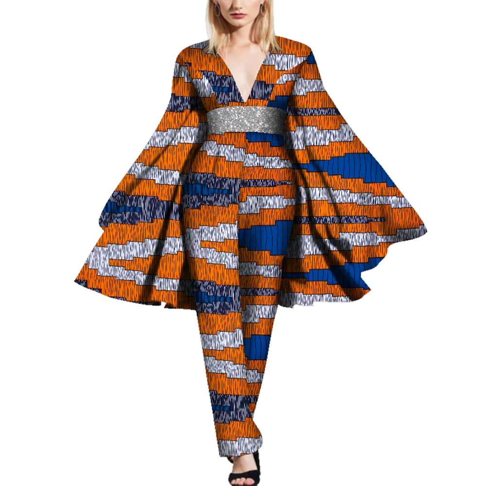 

BintaRealWax African Cape Sleeve Romper Bazin Riche Sexy DeepV-Neck WomenJumpsuit Dashiki Elegant Jumpsuit WY5597