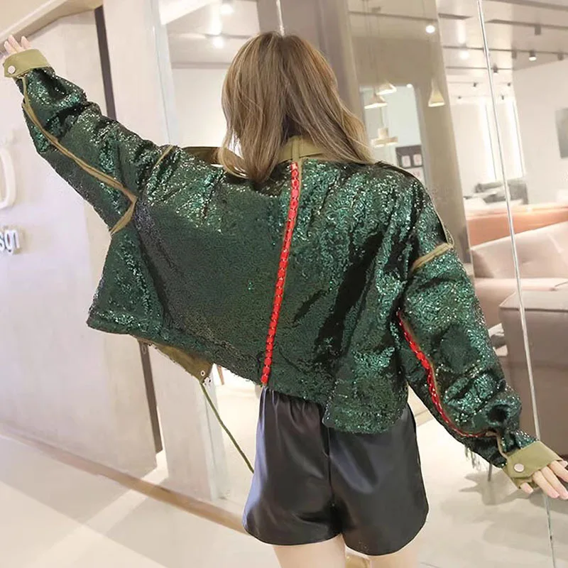 Fashion Sequins Army Green Short Jacket Coat Spring Autumn Loose Casual Stand-up Collar Big Pocket Drawstring Hem Female Outwear