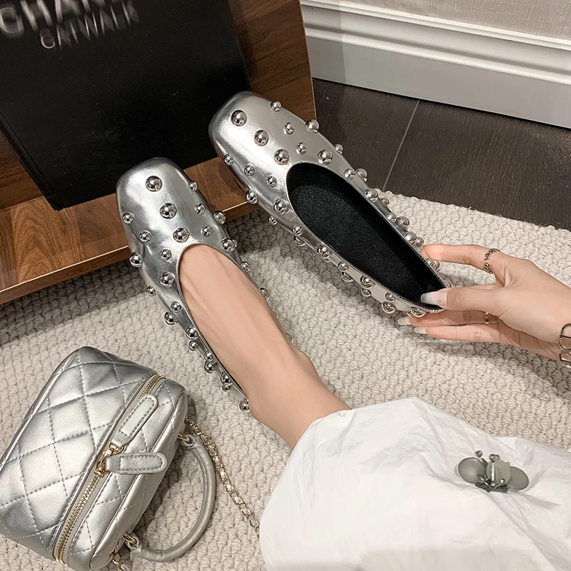 Women’s Genuine Leather Square Toe Studded Flats Soft Sole Ballet Style Mary Jane Shoes