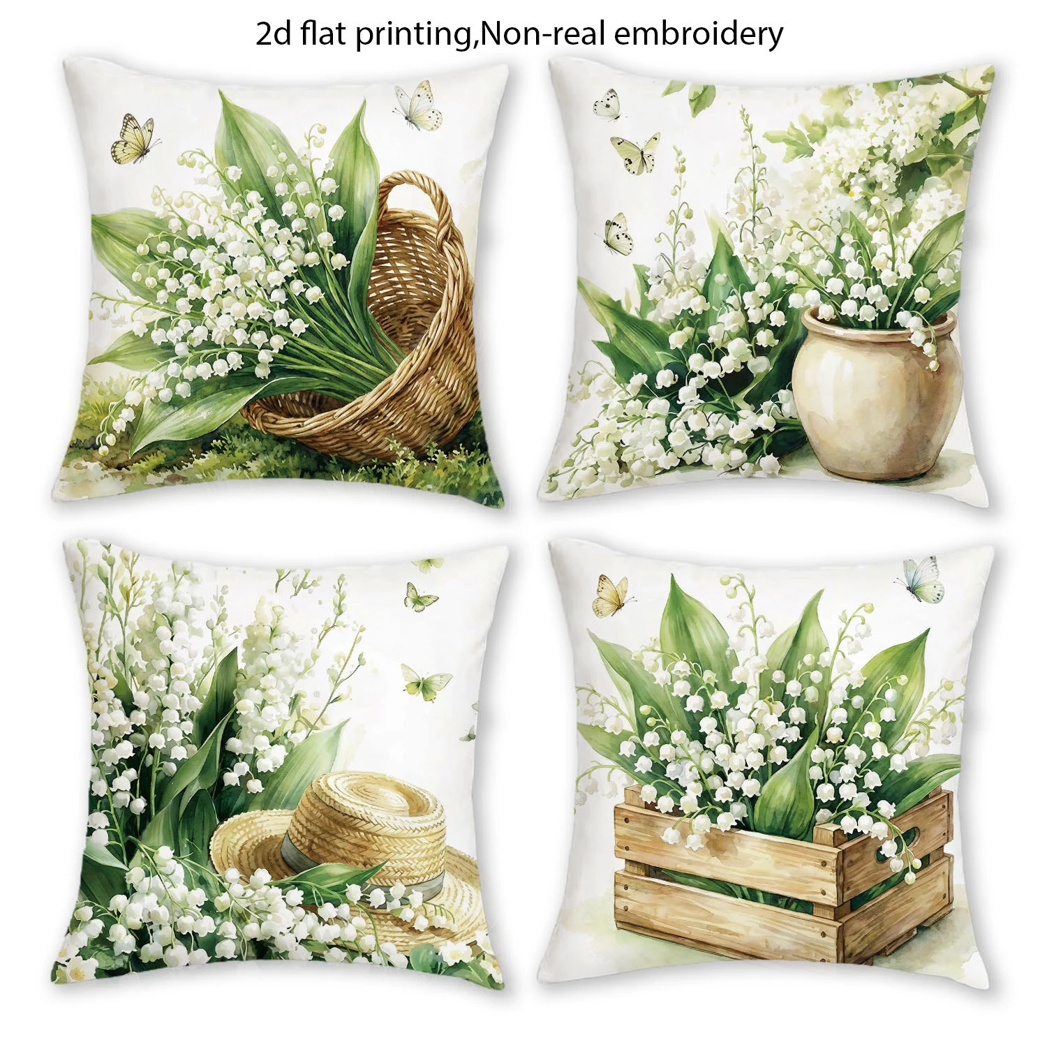 1PC Housse de coussin décorative plate 2D motif muguet aquarelle, style floral rustique pour la maison (sans garniture)