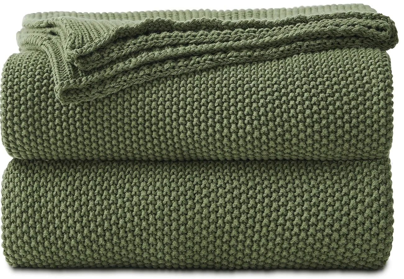 Olive Green Cotton Cable Knit Throw Blanket for Couch Sofa Bed, Home Decorative Lightweight Knitted Blankets
