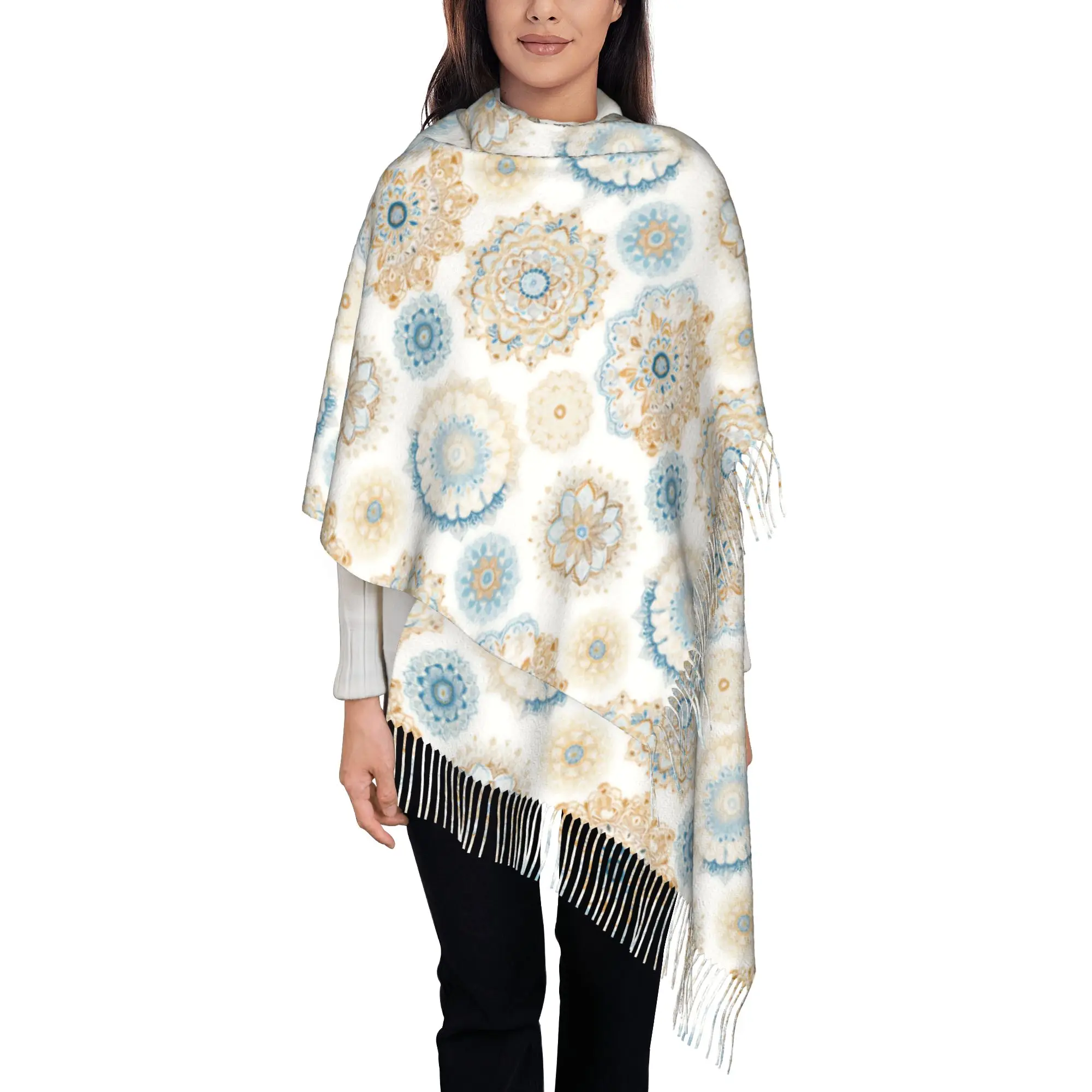 

Custom Female Large Bohemian Floral Mandala Tile Scarves Women Winter Thick Warm Tassel Shawl Wrap Scarf