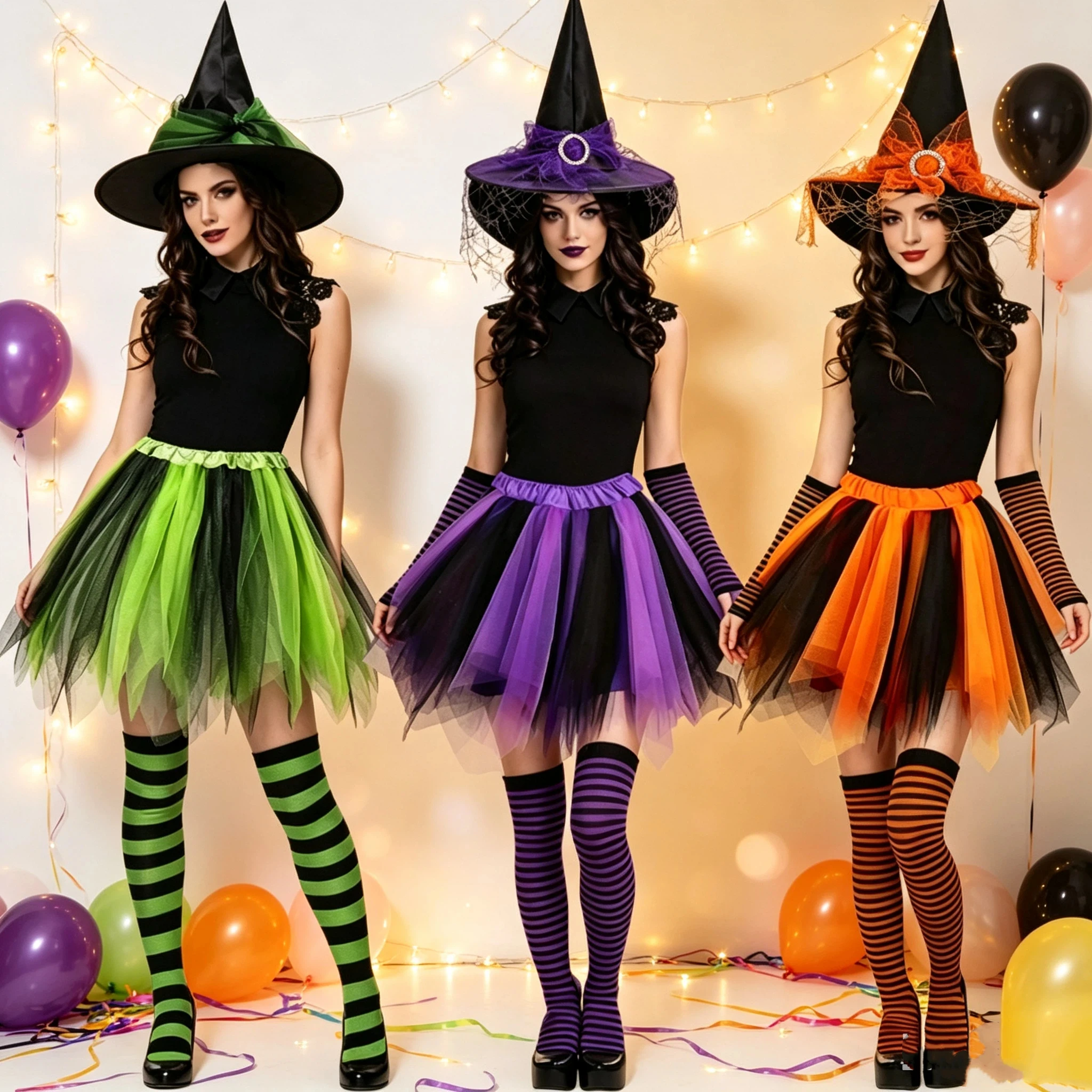 Halloween-Hexen-Cosplay-Rock für Damen, Geburtstag, Karneval, Party, Show, Röcke, Outfit für Erwachsene, ausgefallene gestreifte Socken, Hut, Kostüm-Set