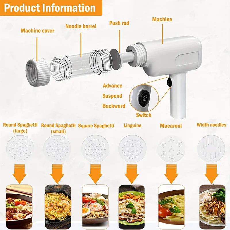 USB Rechargeable Manual Spaghetti Noodles Machine 5 Pasta Shapes Efficient Pasta Maker Machine Kitchen Easy Clean Noodle Making