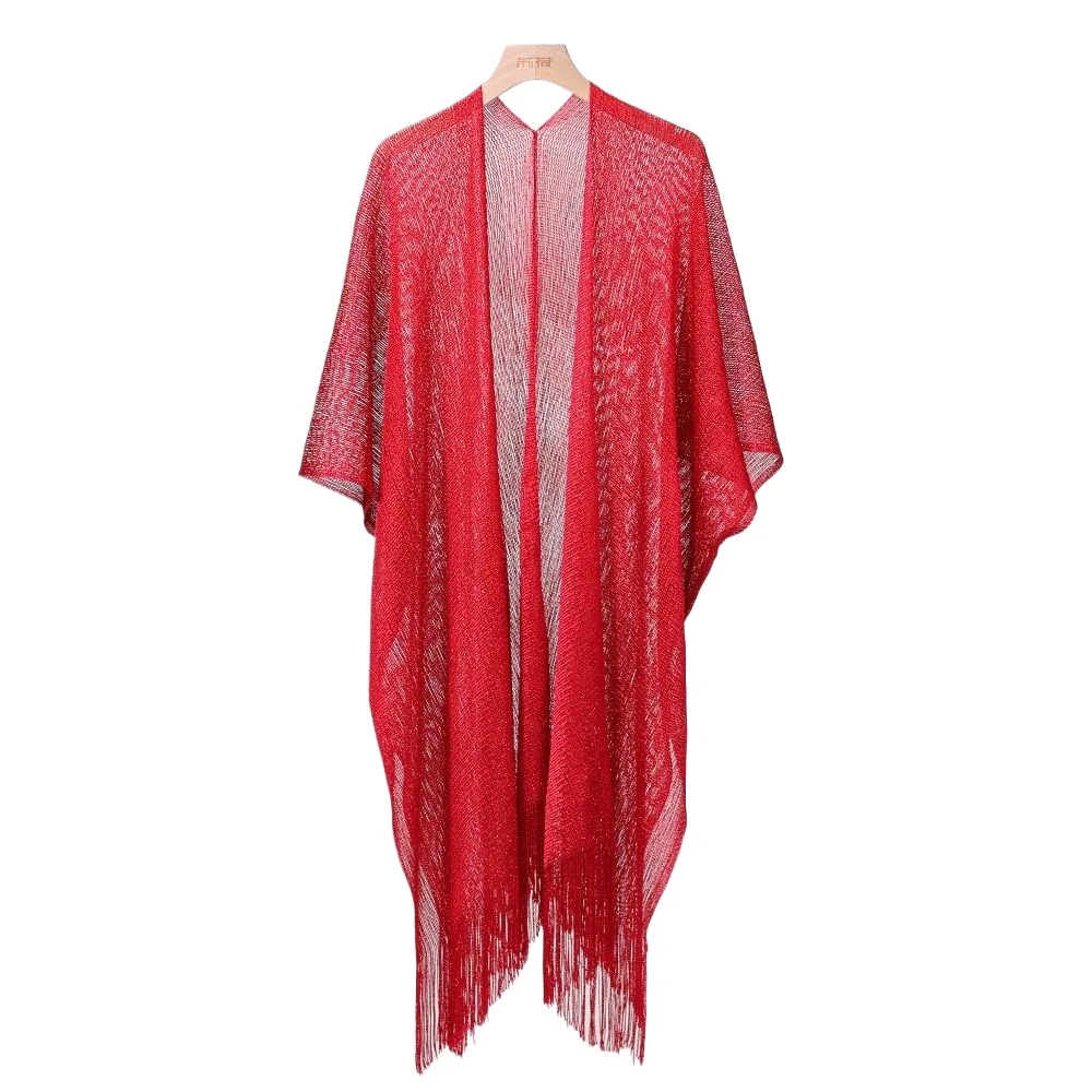 Sexy Damen Sommer Strand Cover Up Sheer Mesh Tunika Fransen Quaste Glänzendes Strickkleid Resort Abendgarderobe Badeanzug Damen