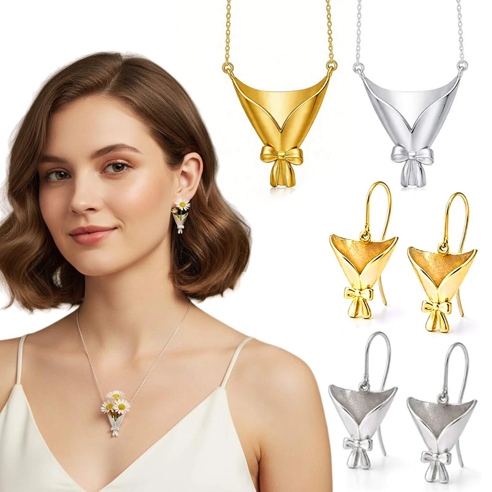 DIY Bouquet Pendant Necklace Earrings With Gift Card Artistic Flower Minimalist Necklace Earrings Insert Your Own Real Plants