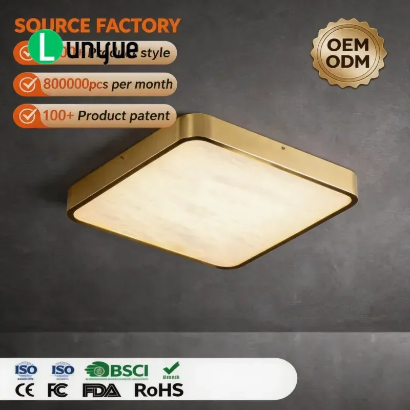 Modern Luxury LED Copper Ceiling Lamp with Marble Shade 360 Degree Dimmable Light Fixture for Hotel Villa Living Room Bedroom