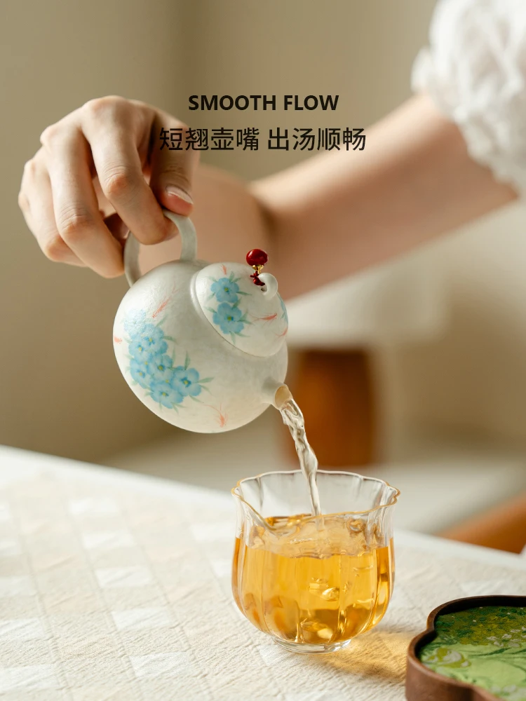 Rock Mine White Tea Pot Ceramic Single Pure Hand Drawing Blue Star Flower round Belly Teapot with Slip Female Kung Fu Set