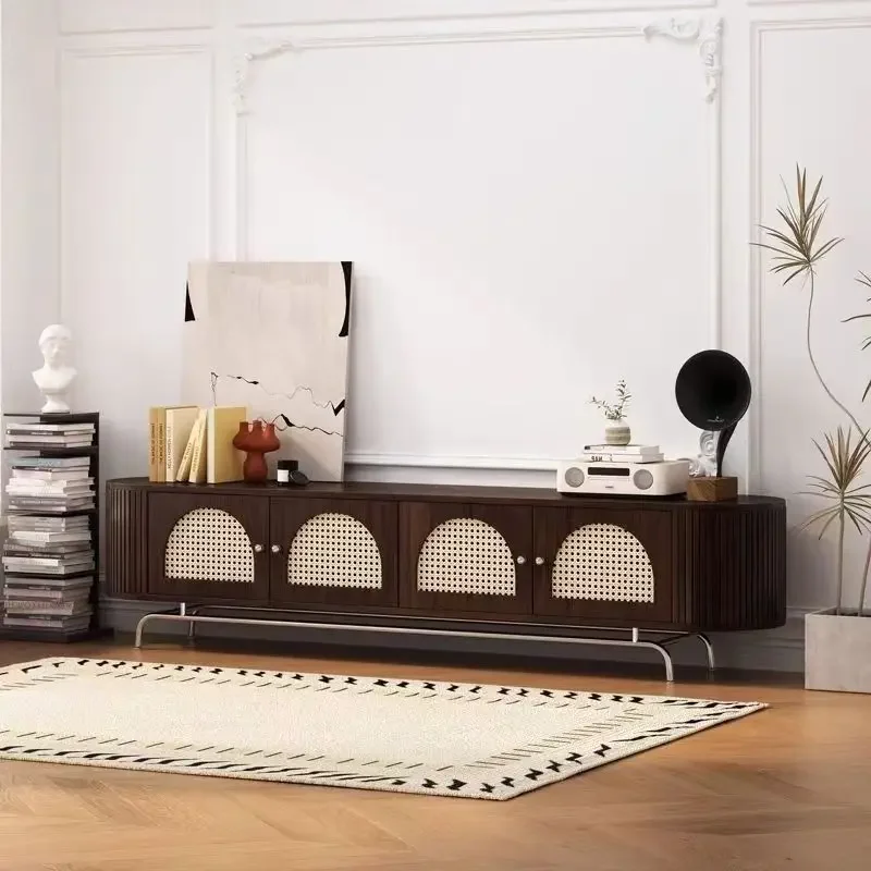 H1 solid wood rattan coffee table TV cabinet retro small apartment living room combination TV floor-to-ceiling household floor