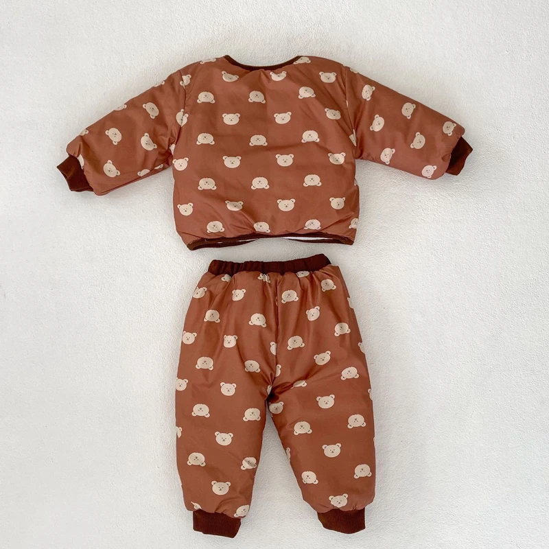 New winter baby clothing, 0-3 year old girls, cotton jacket, teddy bear print jacket+cartoon pants 2-piece set