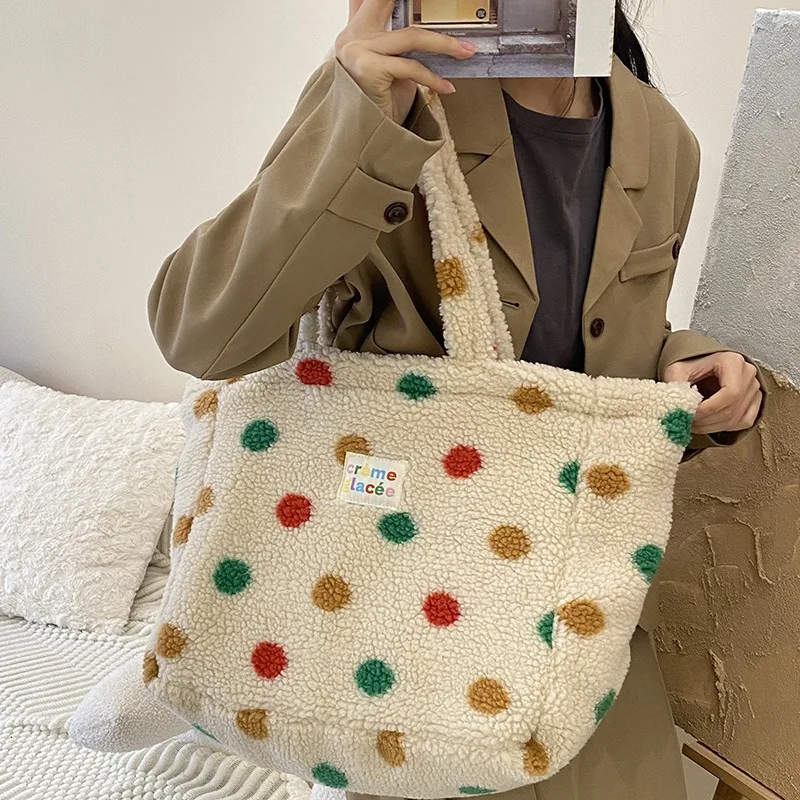 Crossbody Bags for Women Large Capacity Plush Japan Style Artificial Lamb Down Sweet Girl Polka Dot Matching Color Cute Shoulder