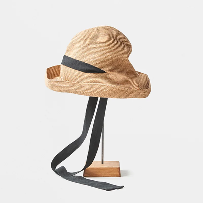 High-end Japanese-style Summer Sun Hat Asymmetrical Foldable Beach Hat Women's Hats with Ribbons Bohemian-style Cloche Hat