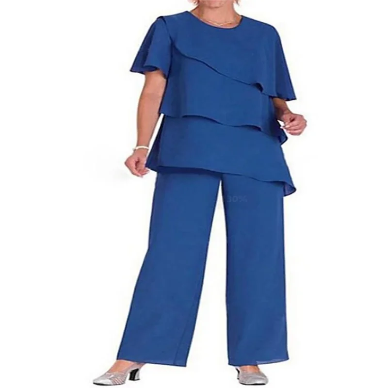 

Two Piece Pantsuit Mother of the Bride Wedding Guest Elegant Plus Size Jewel Neck Floor Length Chiffon Short Sleeve with Cascadi