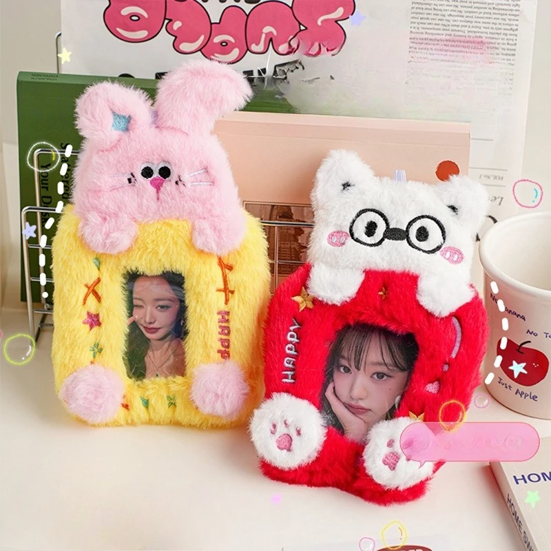 K-Pop Plush Animal Card Holder Set Idol Photo Sleeve Korean Fan Merch with Short Wrist Charm School Student ID Cover Case