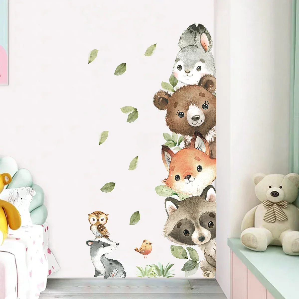 1PC Cute Cartoon Probe Stacked Sitting Small Animal Wall Stickers for Kids Room Bedroom Home Decoration Wall Decor
