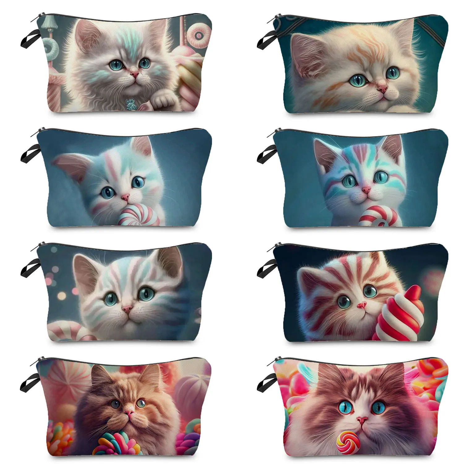 

Beach Travel Portable Pencil Case Organizer Custom Pattern Women Cosmetic Bags Makeup Bag Cute Animal Printed Colorful Candy Cat
