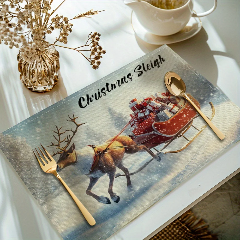 Christmas Deer With Sled Printed Placemats, Table Mats, 30x40cm Placemats For Kitchen Dining Table Decoration, Suige Home