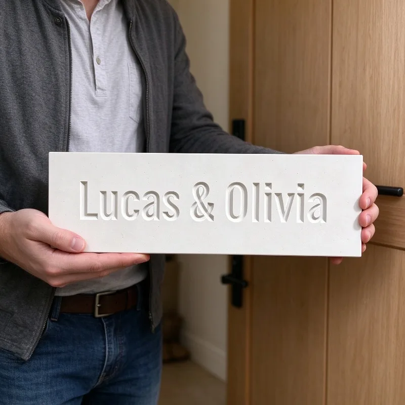 Personalized Hebrew Name Plaque, Custom Engraved Stone Ceramic Address Sign, Modern House Number Marker for Front Door, Home