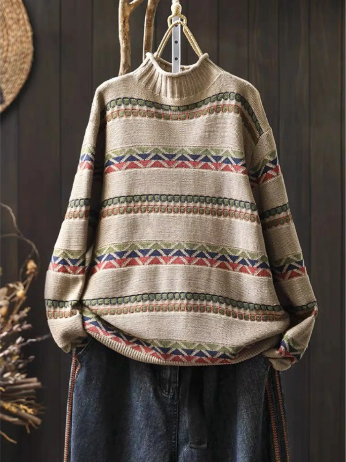 Maglione a righe casual a collo alto lungo in filato di cotone lavorato a maglia retrò, top autunno inverno Faion da donna taglie forti