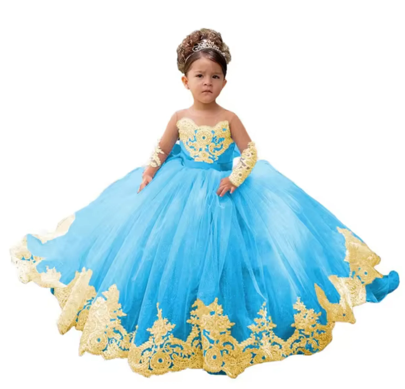 Flower Girl Dresses Gold Bow Tulle Long Pageant Wedding Party Mini Quinceanera Dress Ball Gowns Glitter Puffy Princess